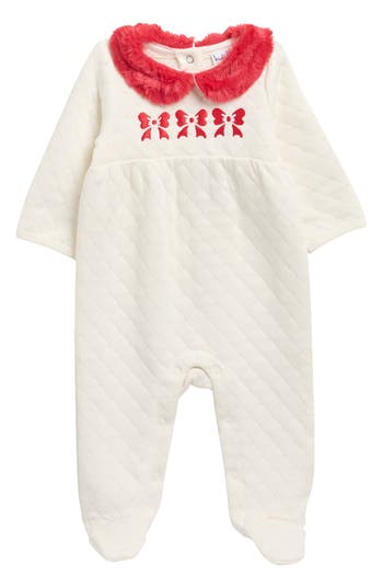Nicole Miller Babies' Holiday Faux Fur Collar Quilted Footie In Multi