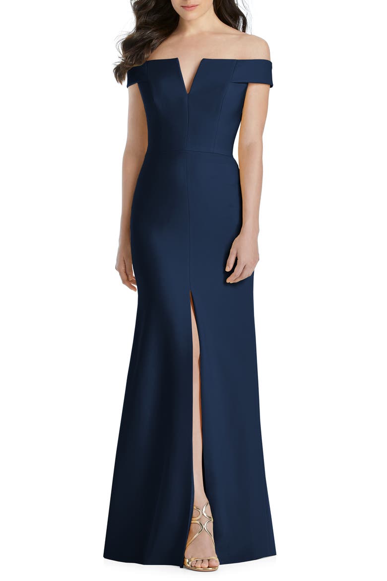 Notched Off the Shoulder Crepe Gown, Main, color, MIDNIGHT