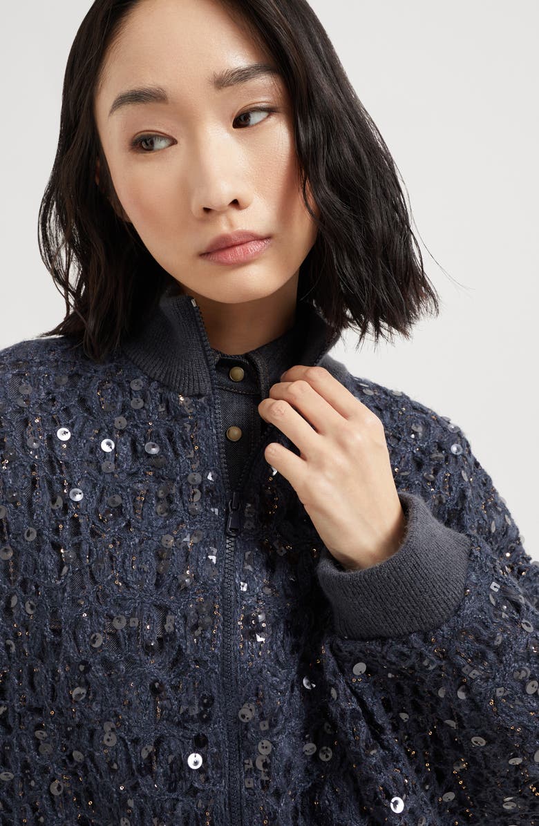 Brunello Cucinelli Dazzling croc embroidery cardigan, Alternate, color, Navy Blue