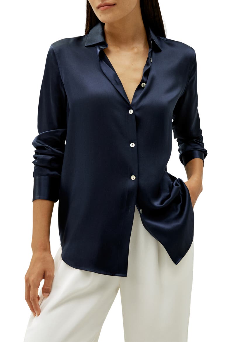 Women's Elegant Button Up Silk Shirt, Main, color, Navy Blue
