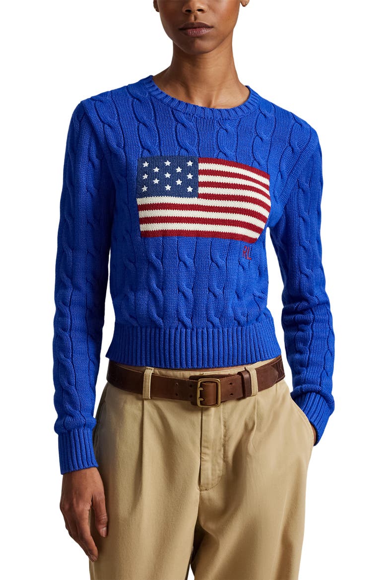 Flag Intarsia Cable Stitch Crewneck Sweater (Women) | Nordstrom