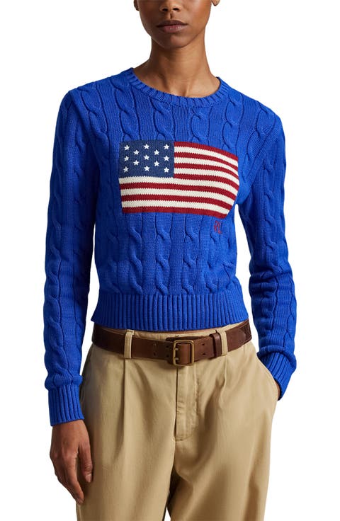 Flag Intarsia Cable Stitch Crewneck Sweater