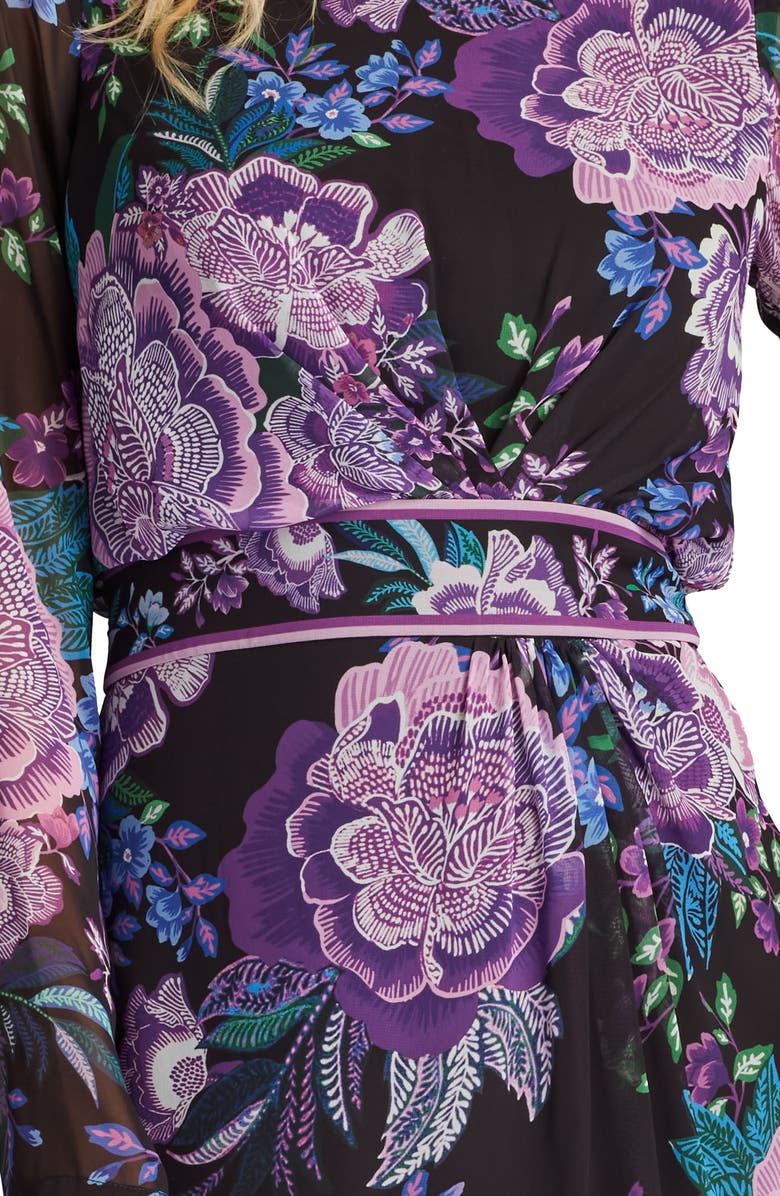 Tadashi Shoji Floral Fringe Detail Long Sleeve Dress, Alternate, color, Black/ Purple Floral