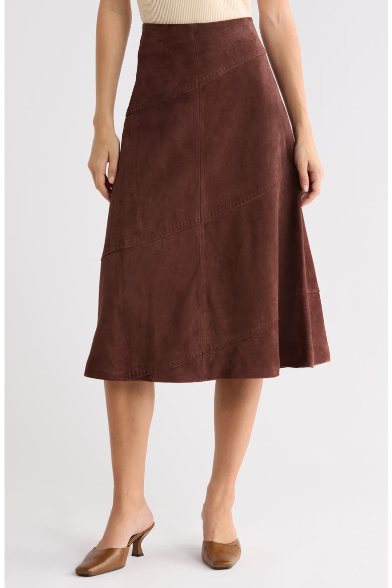 Sosie Suede Midi Skirt, Main, color, DARK CHOCOLATE