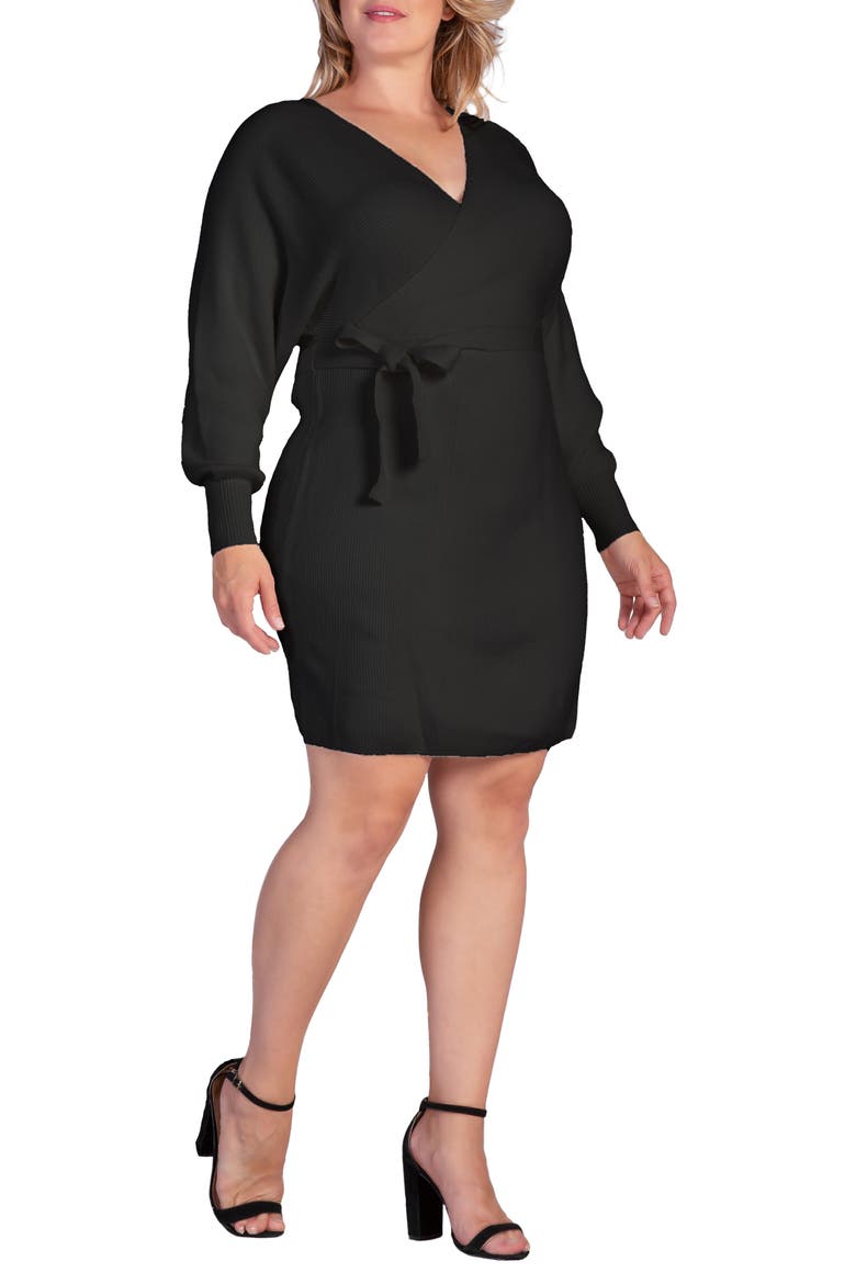 Ursa Long Sleeve Wrap Sweater Minidress, Alternate, color, BLACK