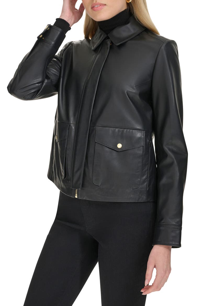 Leather Trucker Jacket, Alternate, color, BLACK
