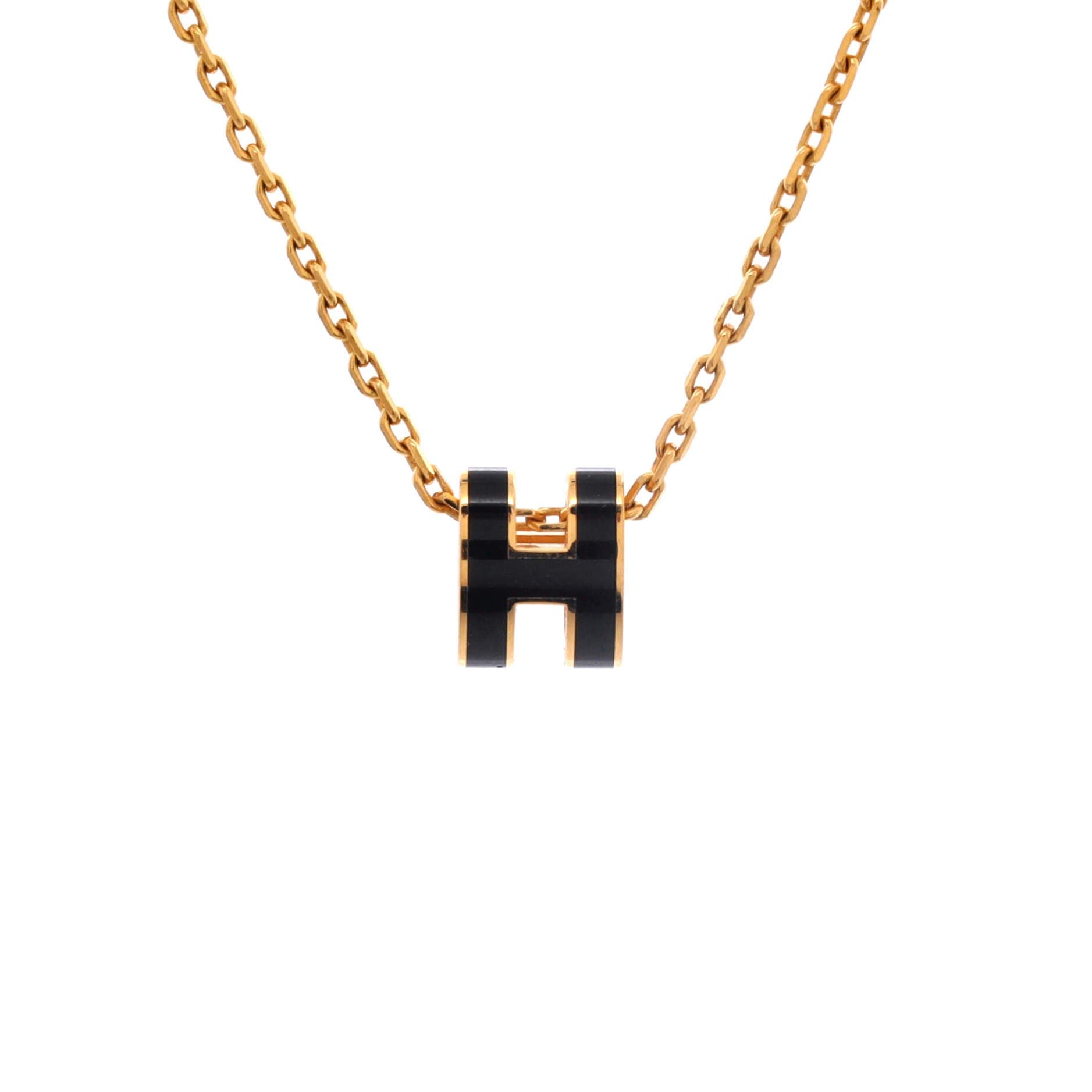 Pre-Owned Hermes Pop H Pendant Chain Necklace Metal and Enamel Mini, Main, color, Black