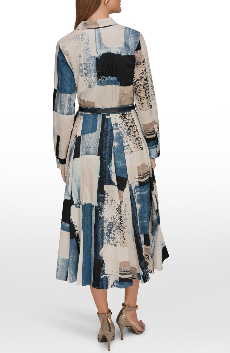Donna Karan New York Print Pleated Long Sleeve Midi Dress, Alternate, color, Wshd Indigo/ Cream