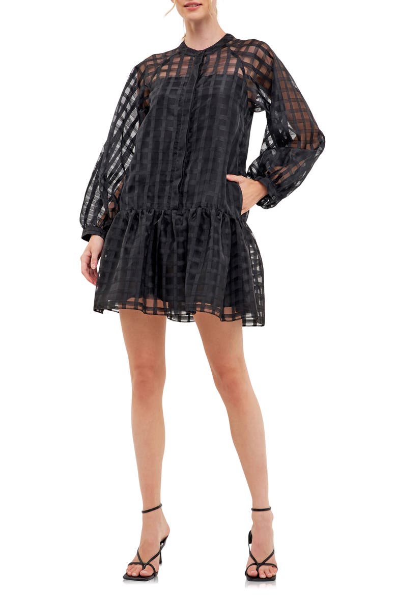 Check Long Sleeve Organza Dress, Main, color, BLACK