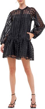 English Factory Check Long Sleeve Organza Dress