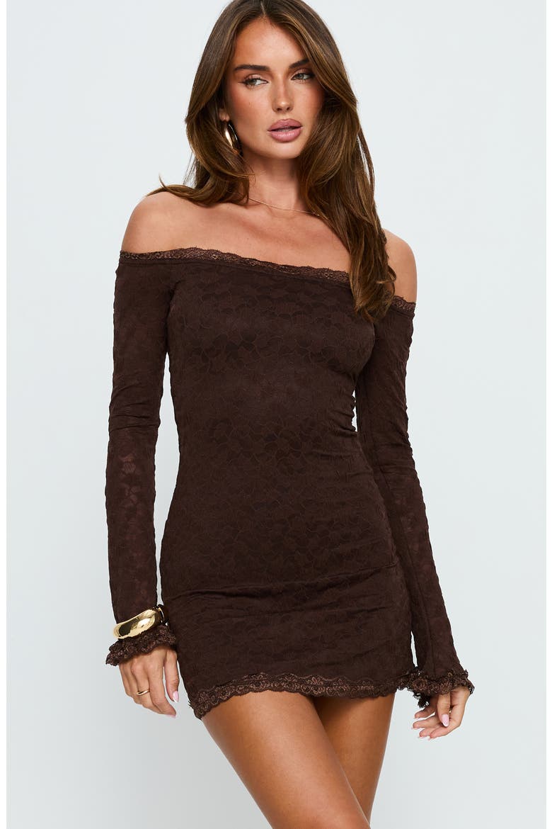 Avenues Off the Shoulder Long Sleeve Lace Minidress, Alternate, color, CHOCOLATE