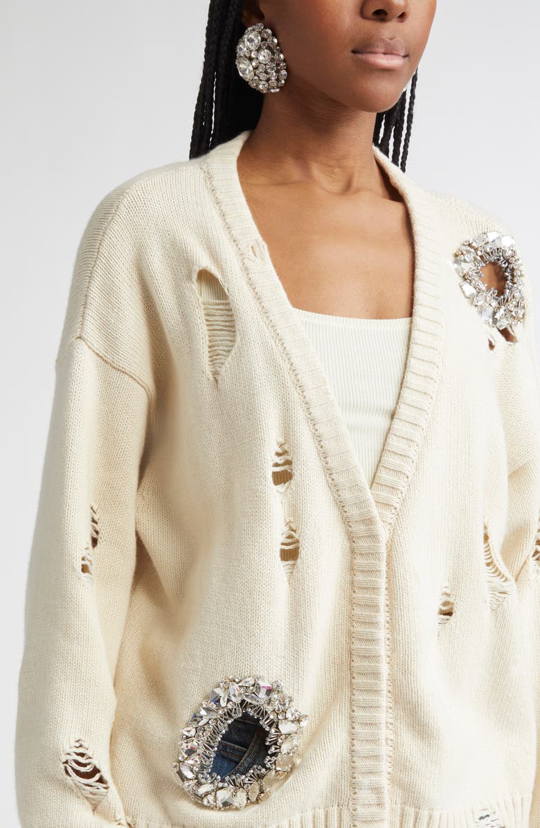 Area Distressed Crystal Cardigan, Alternate, color, Cream