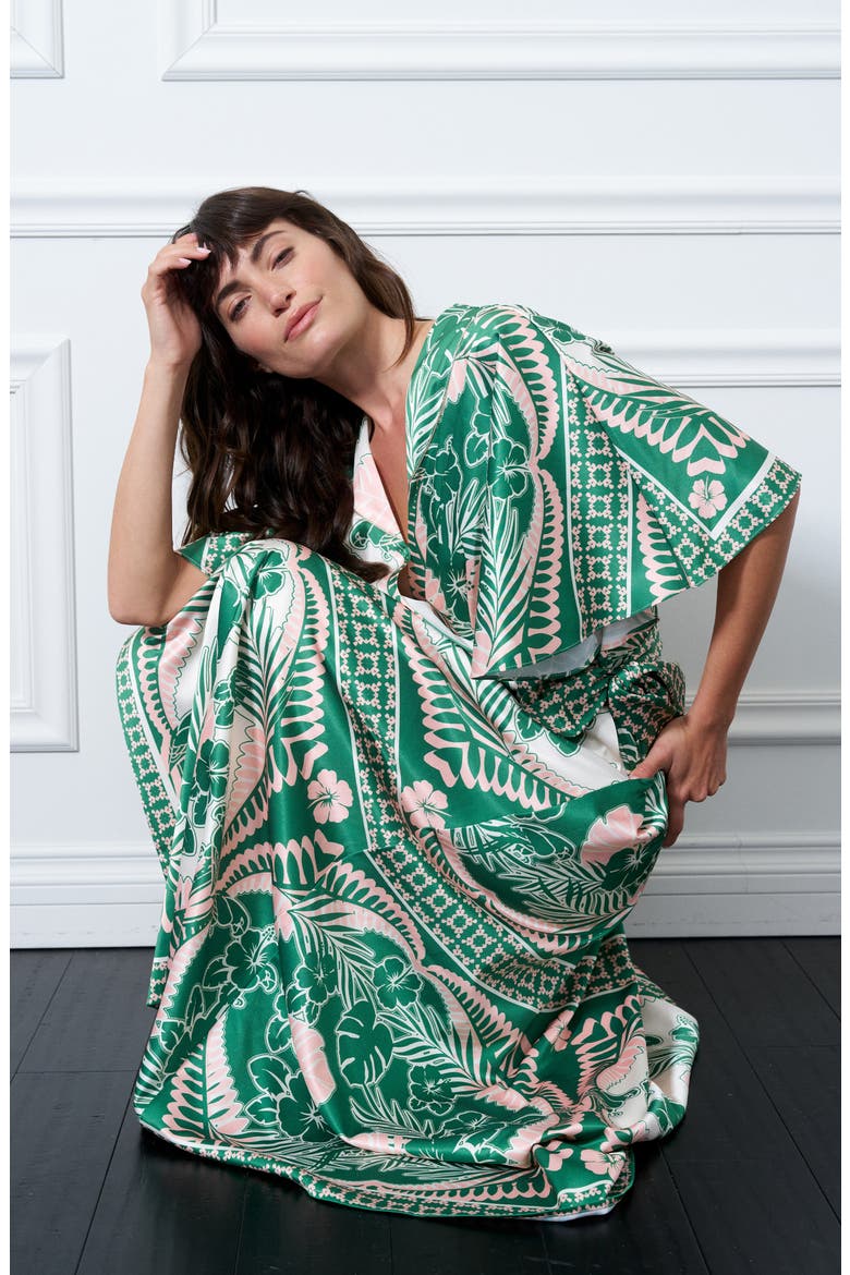 Cloudine Tropical Print Maxi Wrap Dress, Alternate, color, GREEN/ ORANGE