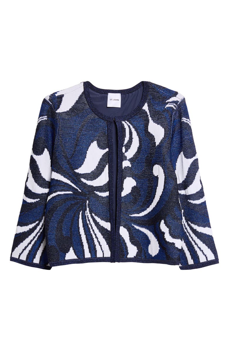 ST. JOHN Nancy Midcentury Scroll Jacquard Knit Jacket, Main, color, Midnight/ Cobalt Metallic