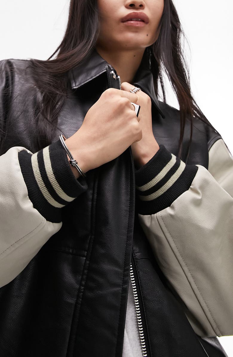 Topshop Varsity Faux Leather Bomber Jacket, Alternate, color, 
