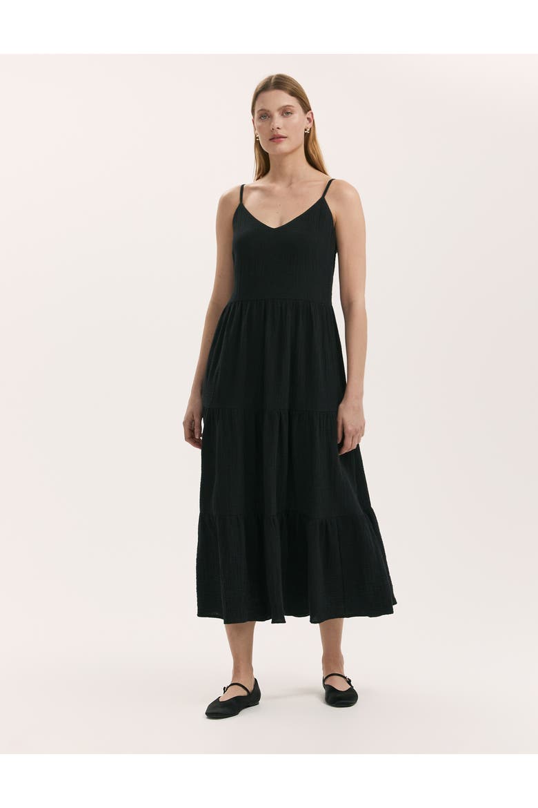 Emmie Cotton Strappy Midi Tiered Dress, Main, color, Black