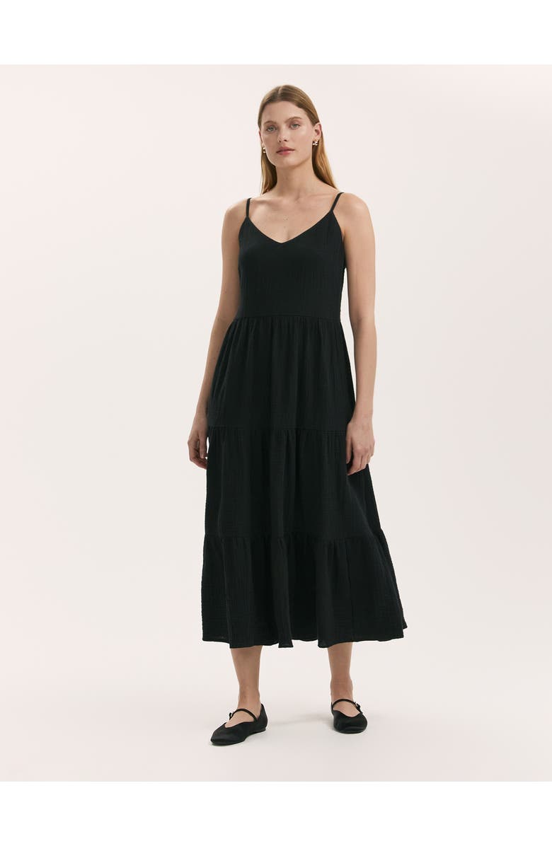 Finery London Emmie Cotton Strappy Midi Tiered Dress, Main, color, Black
