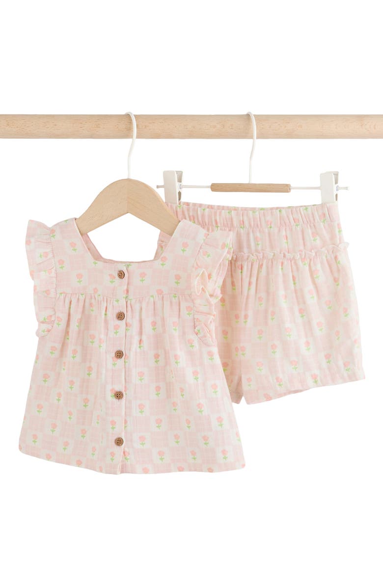 NEXT Floral Check Cotton Gauze Top & Shorts, Main, color, Neutral