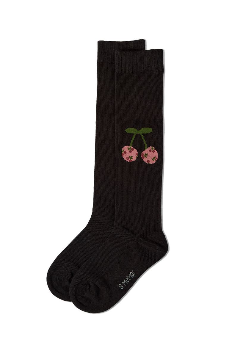 Ribbed Cherry Embroidered Knee Sock, Alternate, color, Black