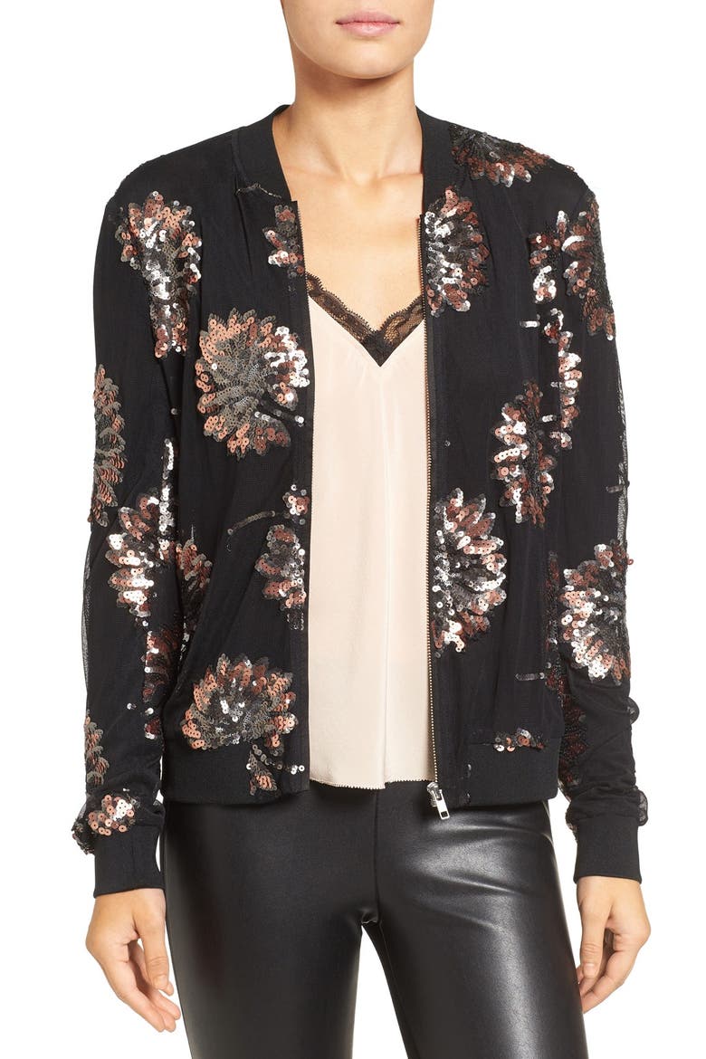 Sequin Bomber Jacket, Main, color, BLACK GOTHIC FLORAL SEQUIN
