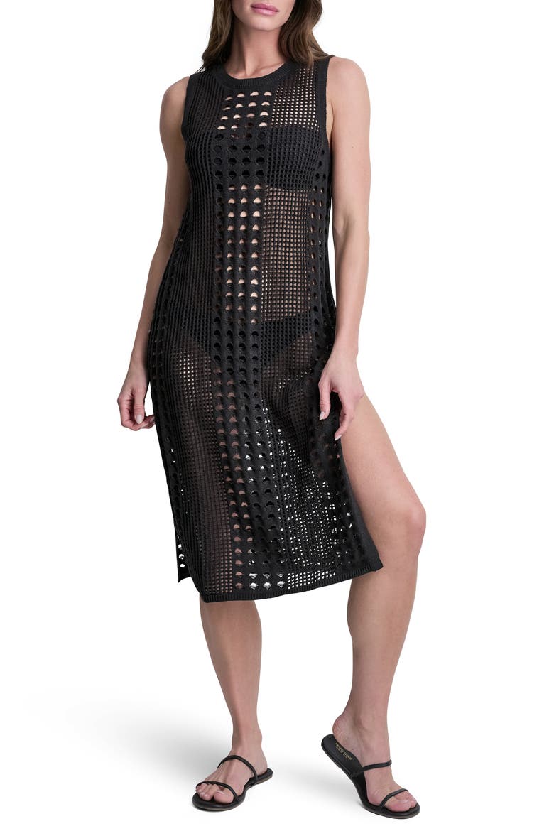 Mixed Open Stitch Sleeveless Cover Up Dress, Main, color, BLACK
