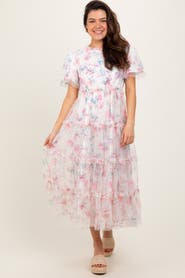 PinkBlush Floral Mesh Ruffle Tiered Midi Dress