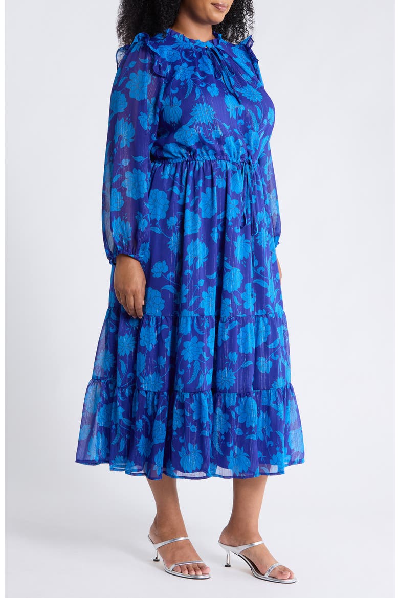 Kristen Balloon Sleeve Tiered Midi Dress, Alternate, color, NAVY-MULTI