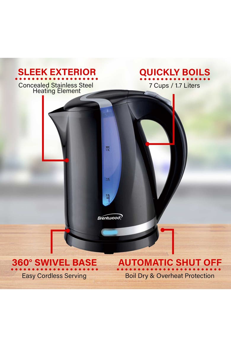 1.7L 1100W 360 Cordless Electric Kettle, Alternate, color, Black