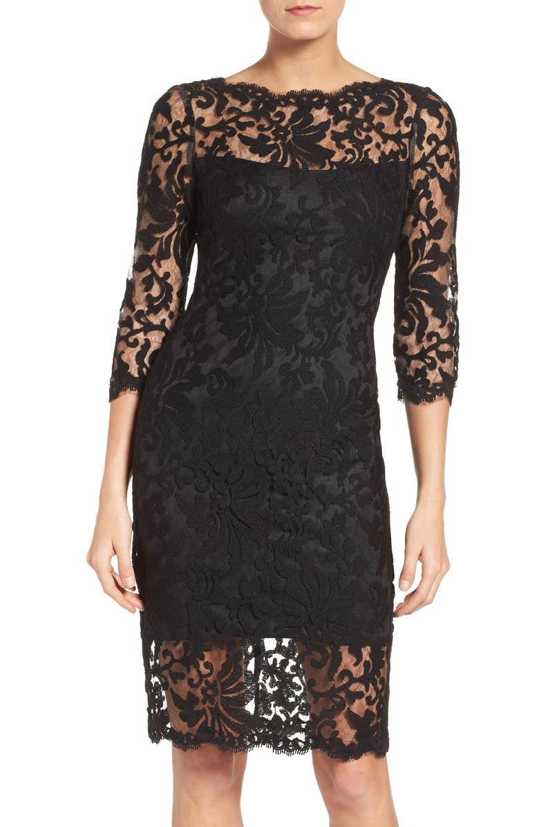 Tadashi Shoji Embroidered Lace Sheath Dress, Main, color, Black