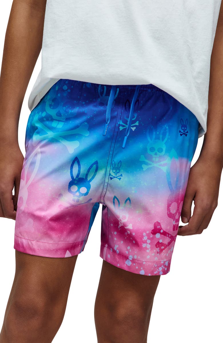 Psycho Bunny Kids' Caspian Allover Bunny Swim Trunks, Alternate, color, Begonia Pink