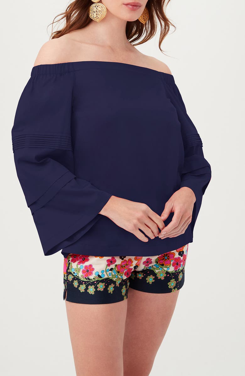 Trina Turk Wavey Organic Cotton Off the Shoulder Top, Alternate, color, Indigo