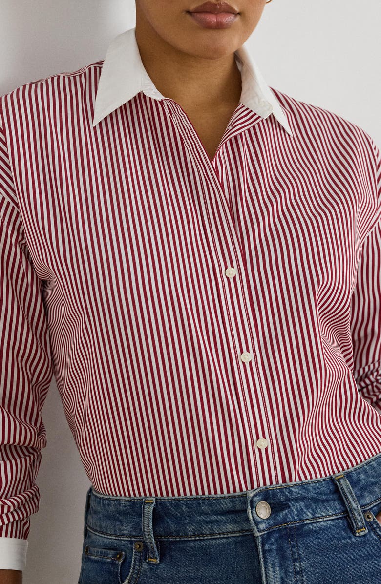 Lauren Ralph Lauren Stripe Cotton Broadcloth Button-Up Shirt, Alternate, color, Burgandy/ White Multi