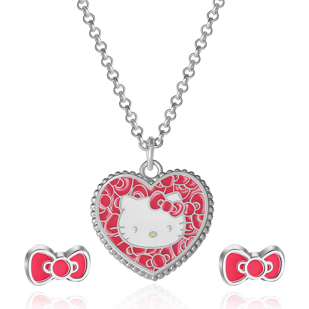 Hello Kitty Fashion Jewelry Set, Bow Earrings & Pendant Necklace, 16" + 3" In Multi