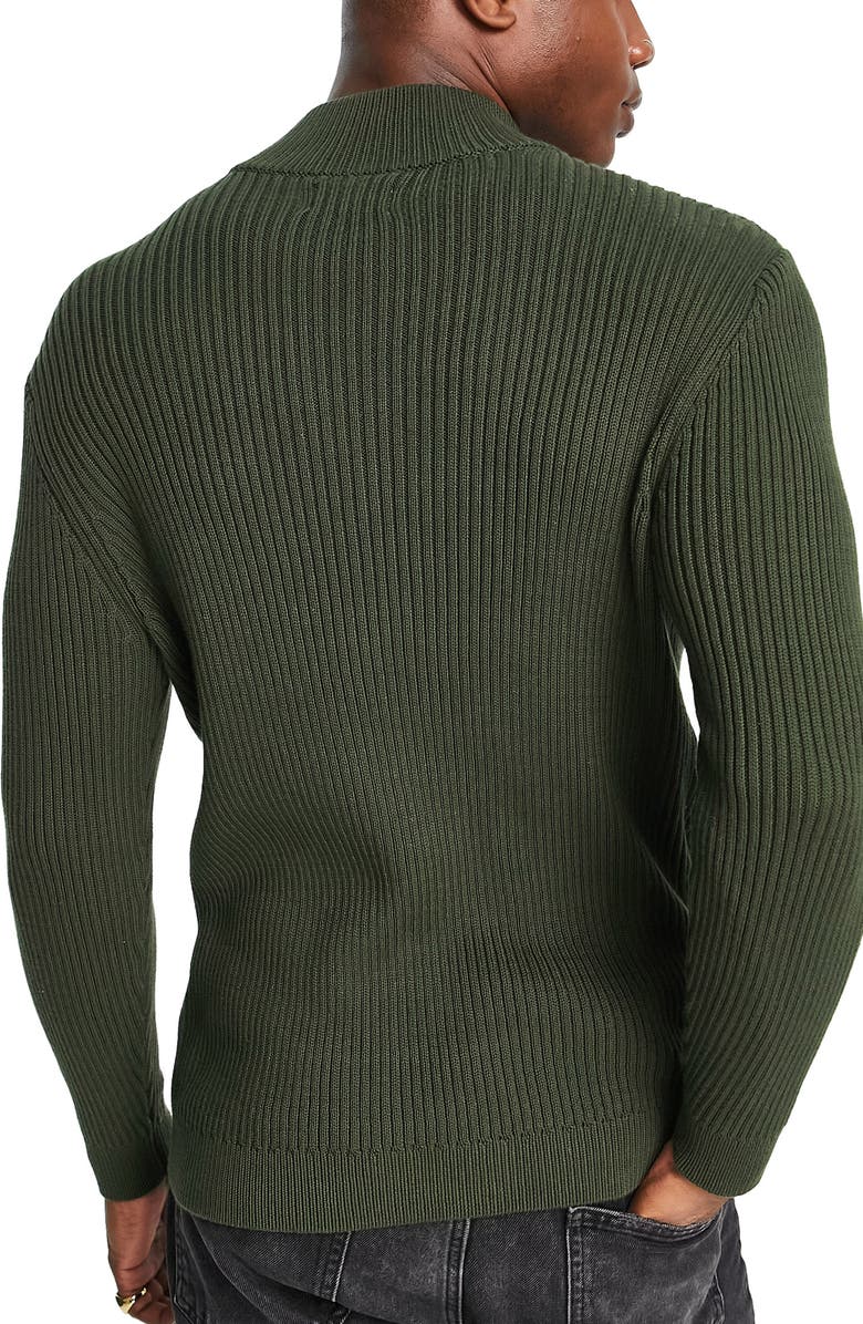 Topman Zip Shoulder Mock Neck Cotton Rib Sweater, Alternate, color,