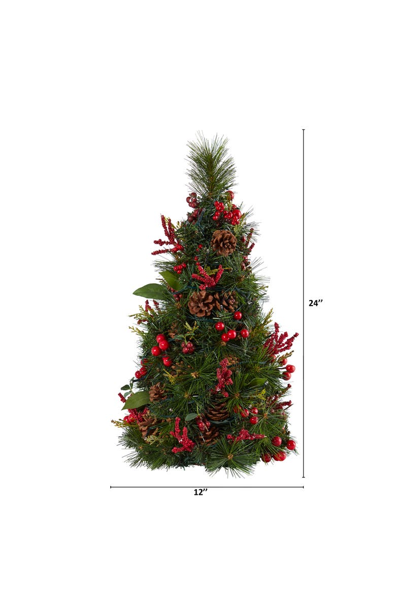 NEARLY NATURAL 2-ft Mixed Berry and Pine Cone Artificial Christmas Tree with 35 Clear LED Lights, Alternate, color, Green