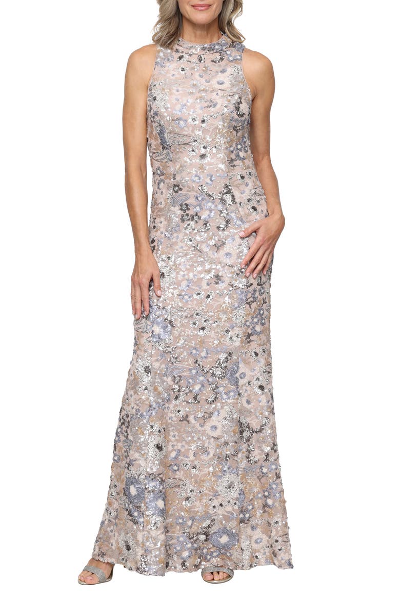 Sequin Sleeveless Mermaid Gown, Main, color, TAUPE MULTI