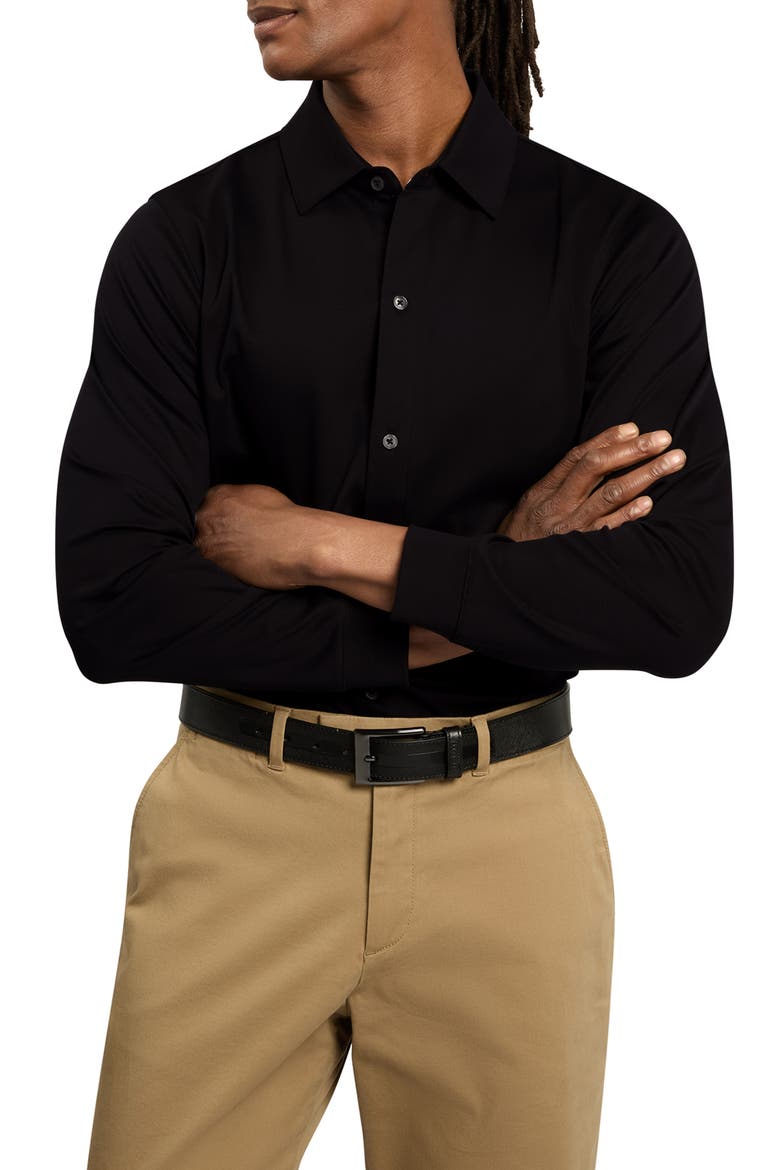 Quillon Navy Knit Cotton Button-Up Shirt, Main, color, BLACK