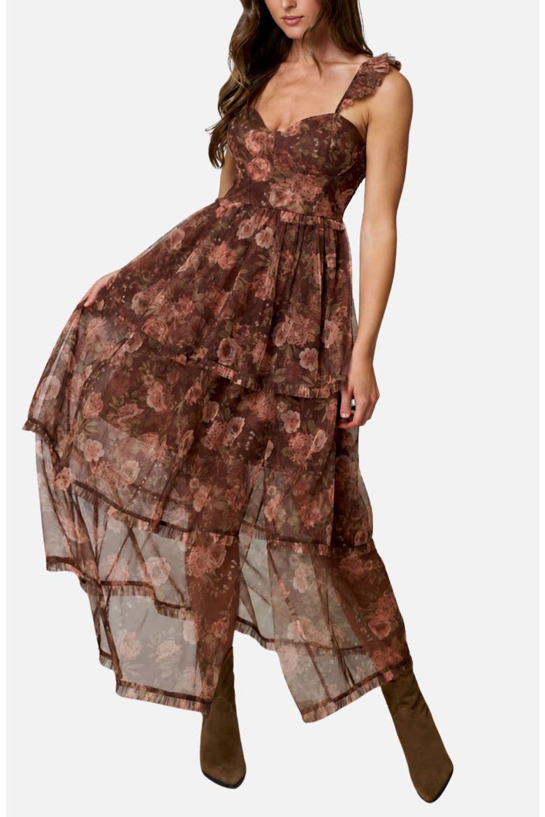 Floral Print Ruffle Strap Tiered Maxi Dress, Alternate, color, BROWN MULTI