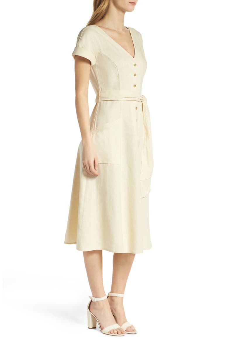 Vanessa Button Front Linen Blend Midi Dress, Alternate, color, BUTTERCUP
