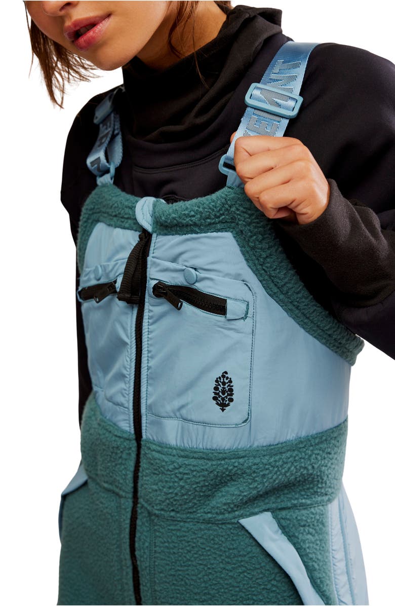 Free People Hit the Slopes High Pile Fleece Snow Bibs, Alternate, color, Midnight Jade Combo