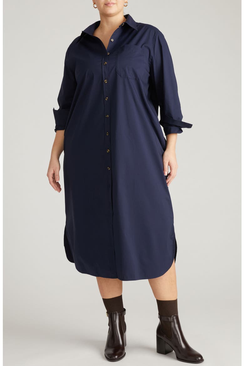 Odeon Long Sleeve Stretch Poplin Midi Shirtdress, Main, color, NAVY BLUE