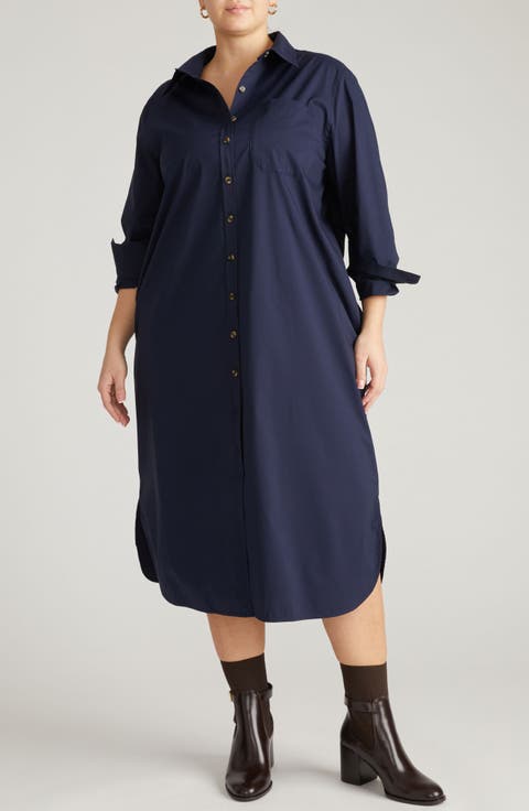Odeon Long Sleeve Stretch Poplinn Midi Shirtdress (Plus)