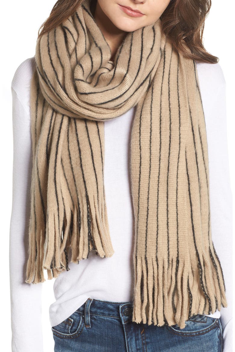 Fringed Stripe Scarf, Main, color, KHAKI