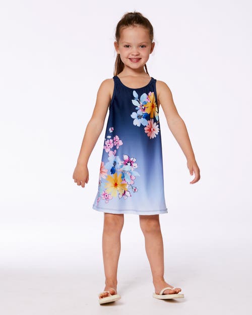 Deux Par Deux Little Girl's Printed Beach Dress Yellow, Pink Flowers On Navy Blue Background In Yellow Pink Flowers On Navy