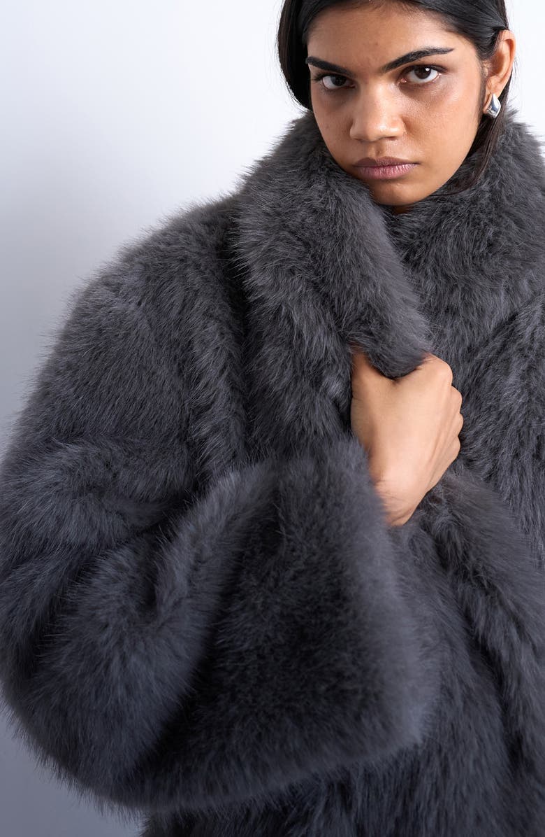 Topshop Faux Fur Midi Coat, Alternate, color, Charcoal