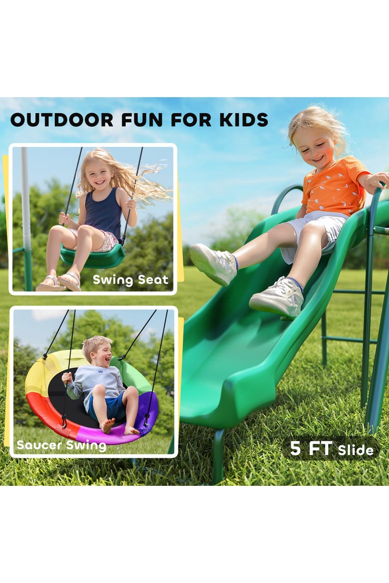 Metal Swing Set with Slide, Saucer Swing Seat, A-Frame Stand, Kids Ages 3-8, Alternate, color, Dark Green