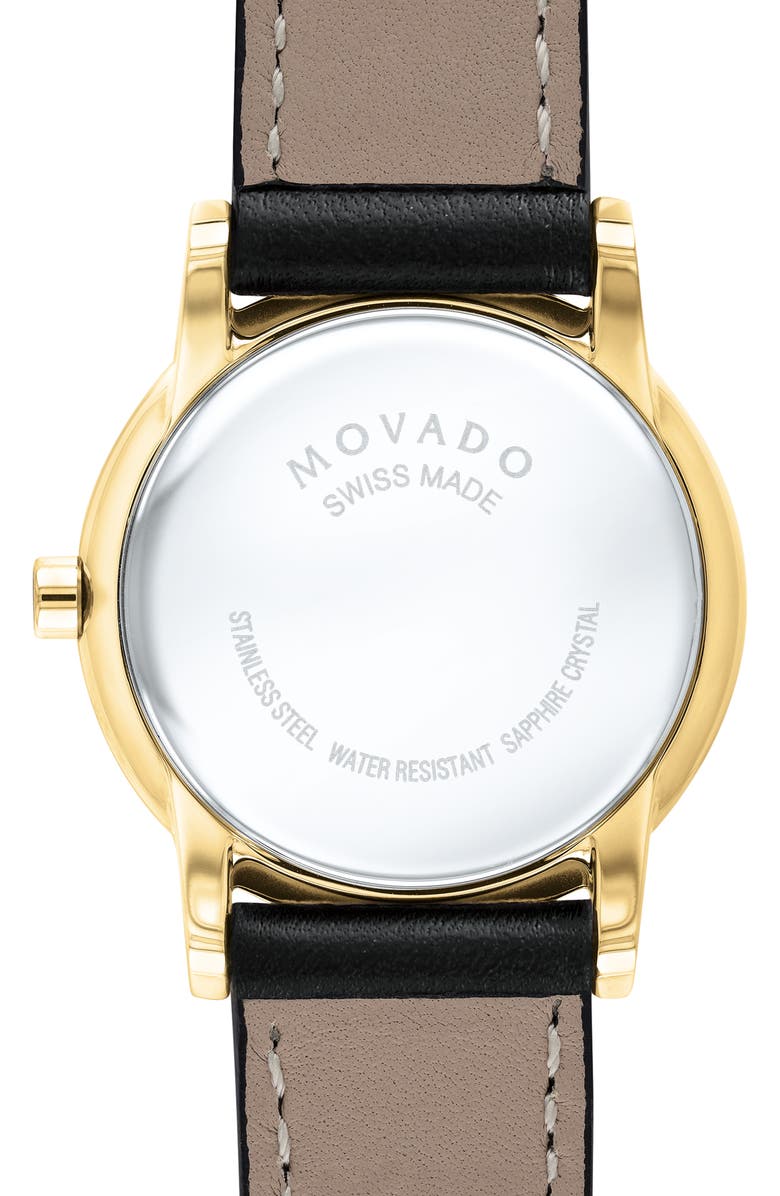 Movado Leather Strap Watch, 28mm, Alternate, color, Black/ Gold