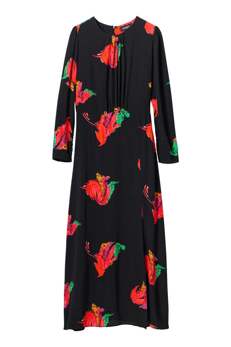 Long Floral Slit Dress, Alternate, color, BLACK