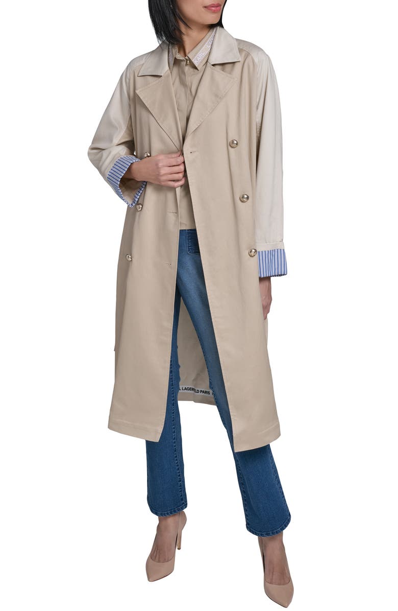 KARL LAGERFELD PARIS Two-Tone Cotton Blend Trench Coat, Alternate, color,