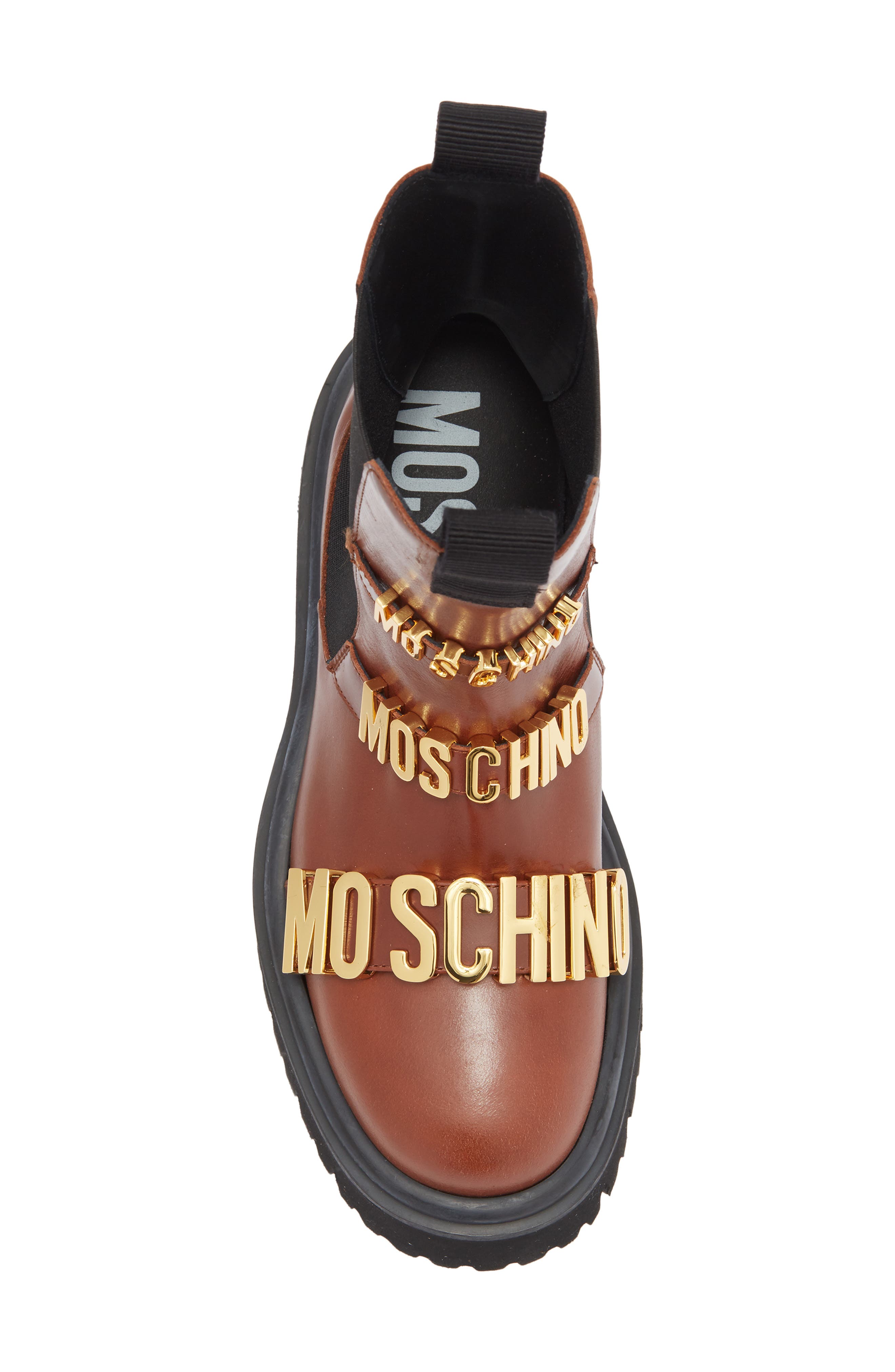 Moschino Logo Plaque Chelsea Boot, Alternate, color, Chestnut